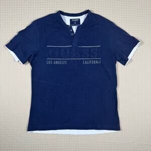 Guess Men's Large Blue Henley Short Sleeve T-Shirt Logo Layered Look Button Neck